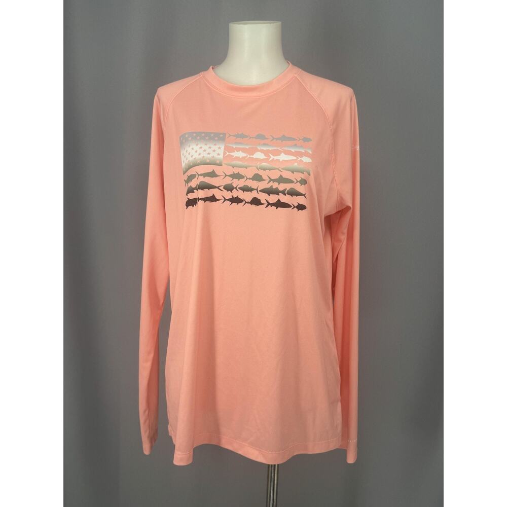 Columbia PFG Shirt Mens XL Pink Long Sleeve American Flag Fish Graphic Tee